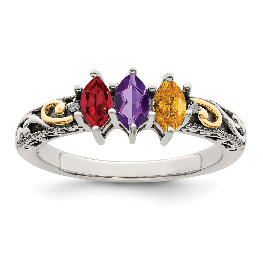 Sterling Silver Antiqued w/14k 3-stone w/Diamond Mother's Ring Semi-Mount (QMR22/3-5)