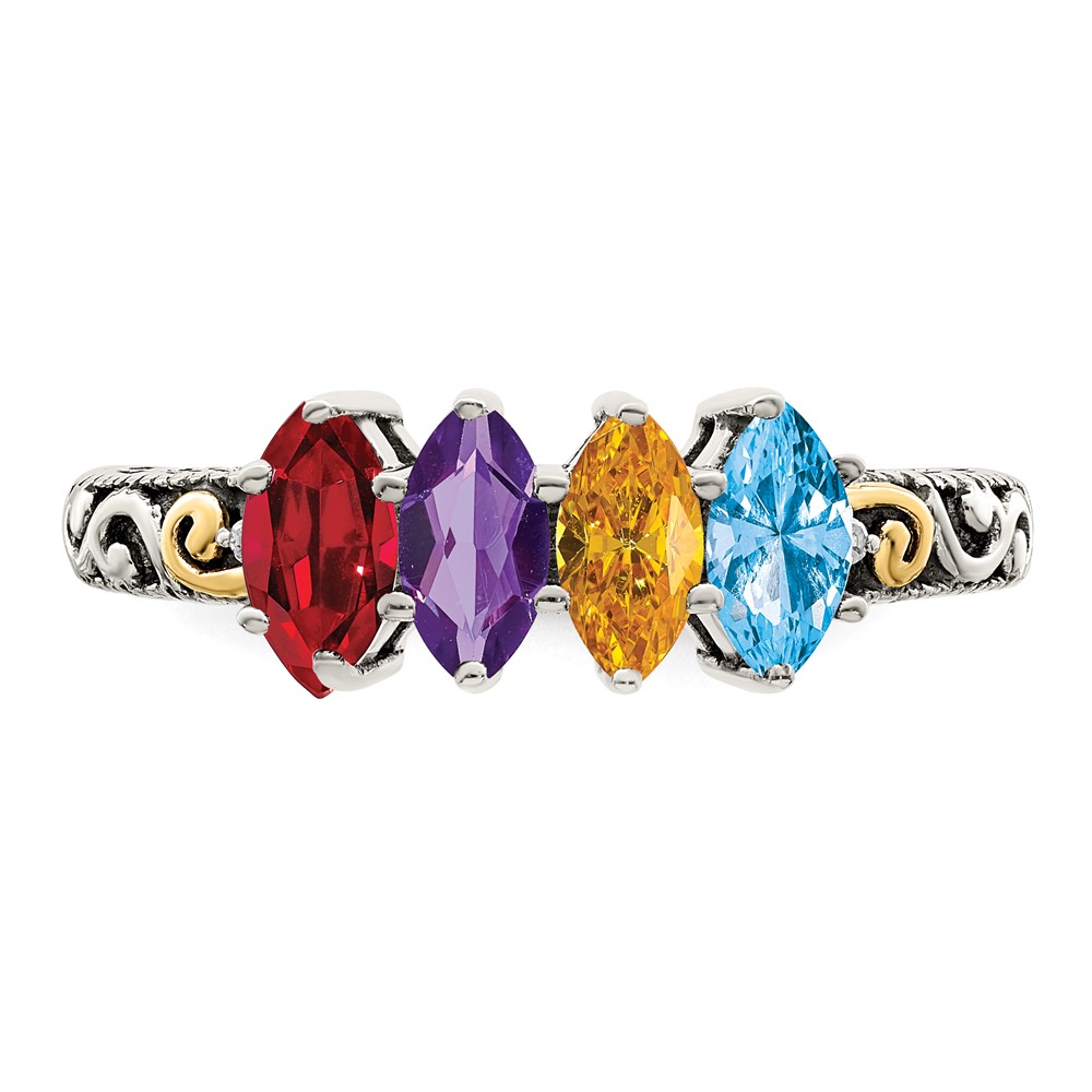 Sterling Silver Antiqued w/14k 4-stone w/Diamond Mother's Ring Semi-Mount (QMR22/4-5)