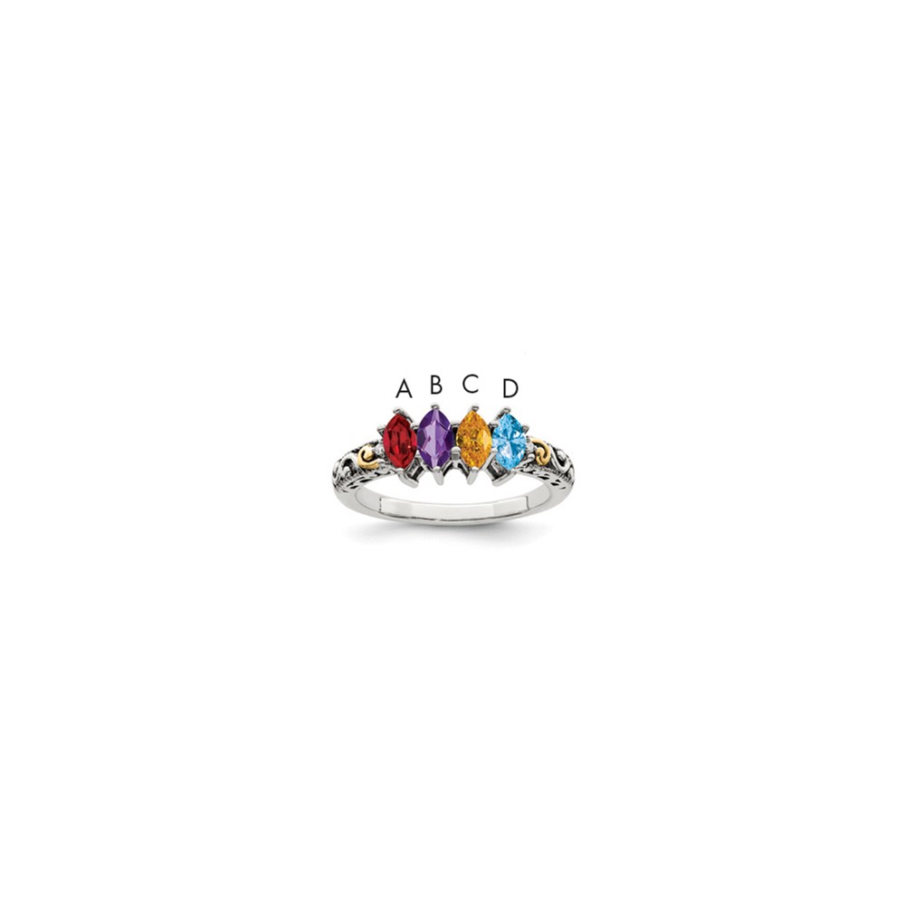 Sterling Silver Antiqued Ring with 14K 4-stone with Diamond Mother's