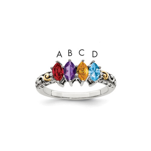 Sterling Silver Antiqued Ring with 14K 4-stone with Diamond Mother's