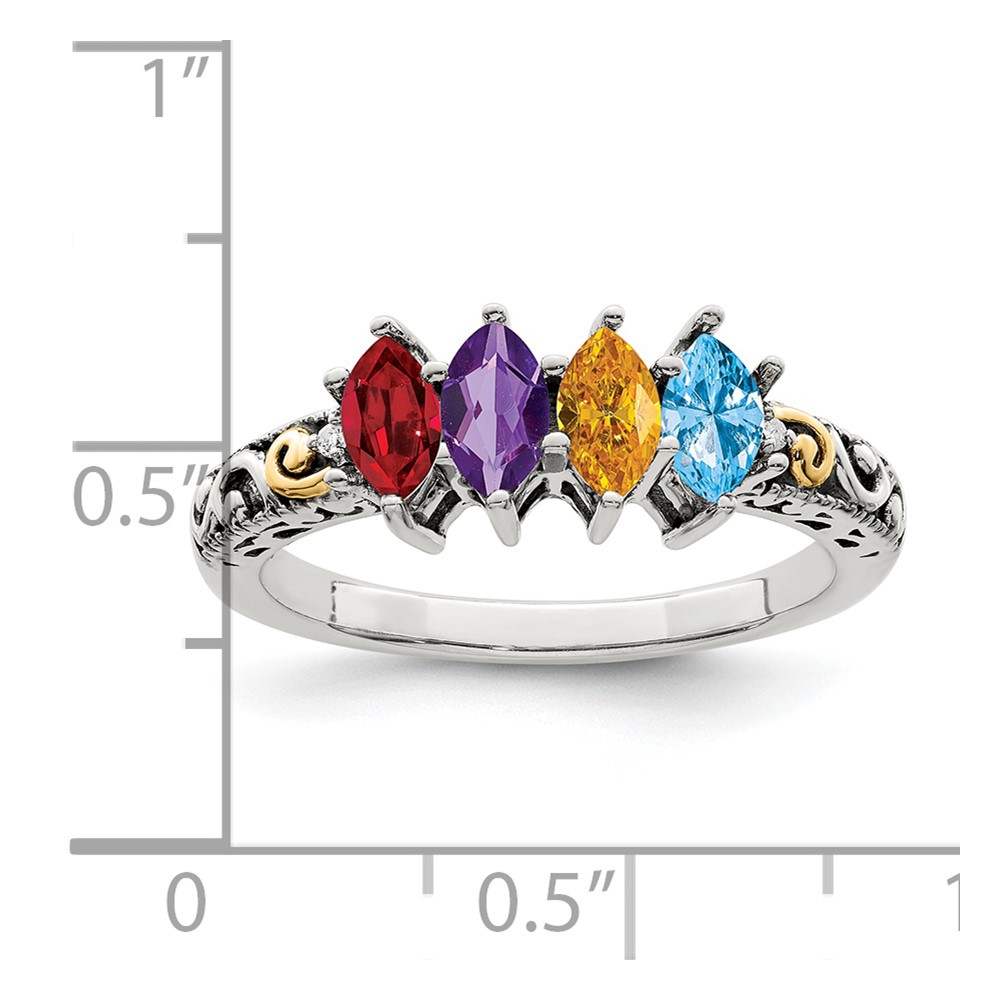 Sterling Silver Antiqued w/14k 4-stone w/Diamond Mother's Ring Semi-Mount (QMR22/4-5)