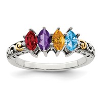 Sterling Silver Antiqued Ring with 14K 4-stone with Diamond Mother's view 2