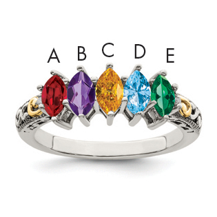 Sterling Silver Antiqued w/14k 5-stone w/Diamond Mother's Ring Semi-Mount (QMR22/5-10)