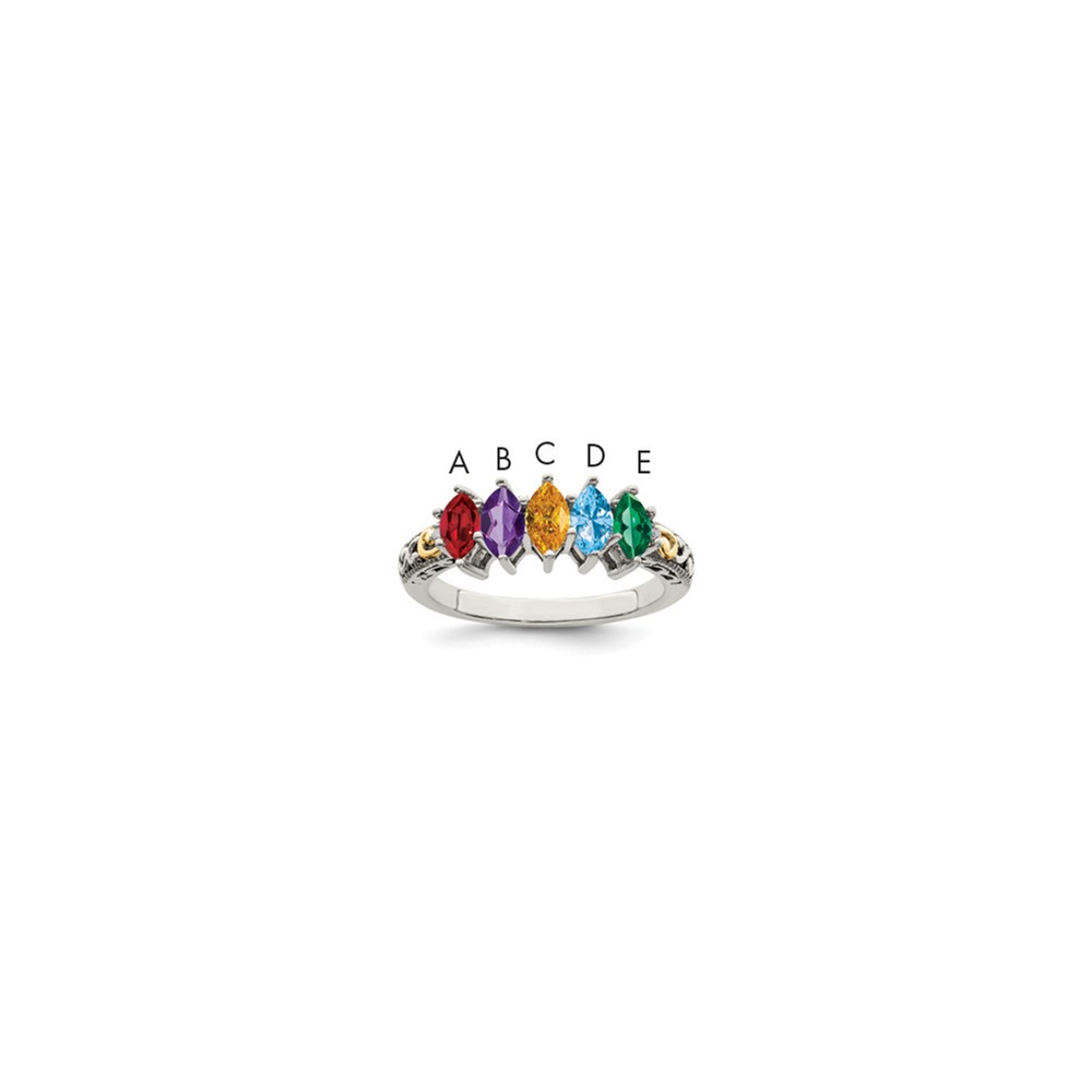 Sterling Silver Antiqued Ring with 14K 5-stone with Diamond Mother's