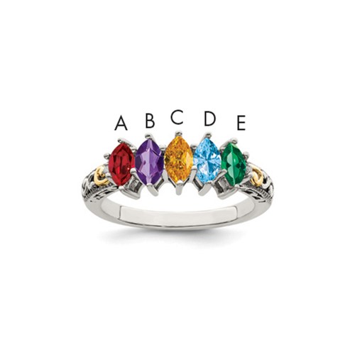 Sterling Silver Antiqued Ring with 14K 5-stone with Diamond Mother's