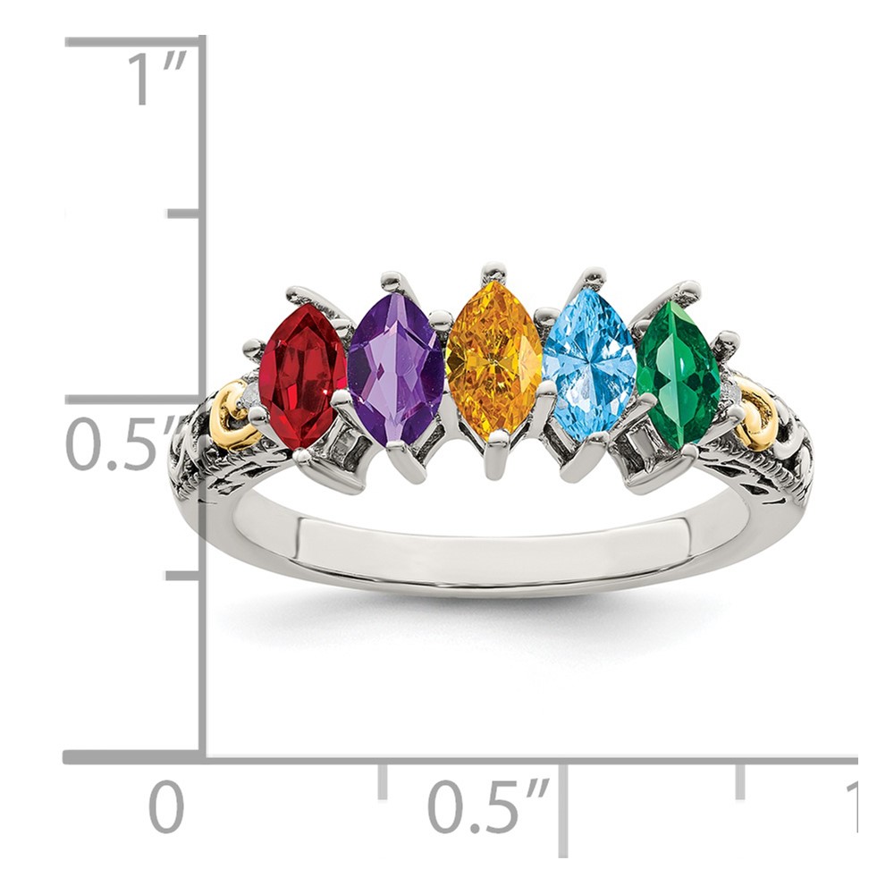 Sterling Silver Antiqued w/14k 5-stone w/Diamond Mother's Ring Semi-Mount (QMR22/5-10)