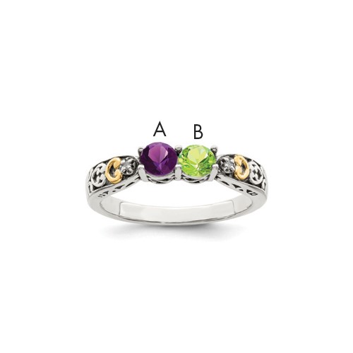 Sterling Silver Antiqued Ring with 14K 2-stone with Diamond Mother's