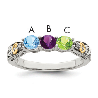 Sterling Silver Antiqued w/14k 3-stone w/Diamond Mother's Ring Semi-Mount (QMR23/3-10)