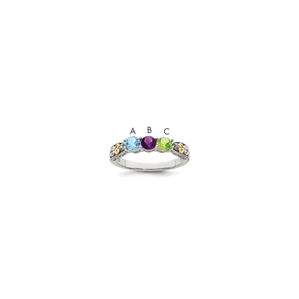 Sterling Silver Antiqued Ring with 14K 3-stone with Diamond Mother's