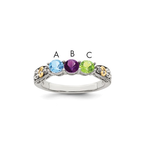Sterling Silver Antiqued Ring with 14K 3-stone with Diamond Mother's