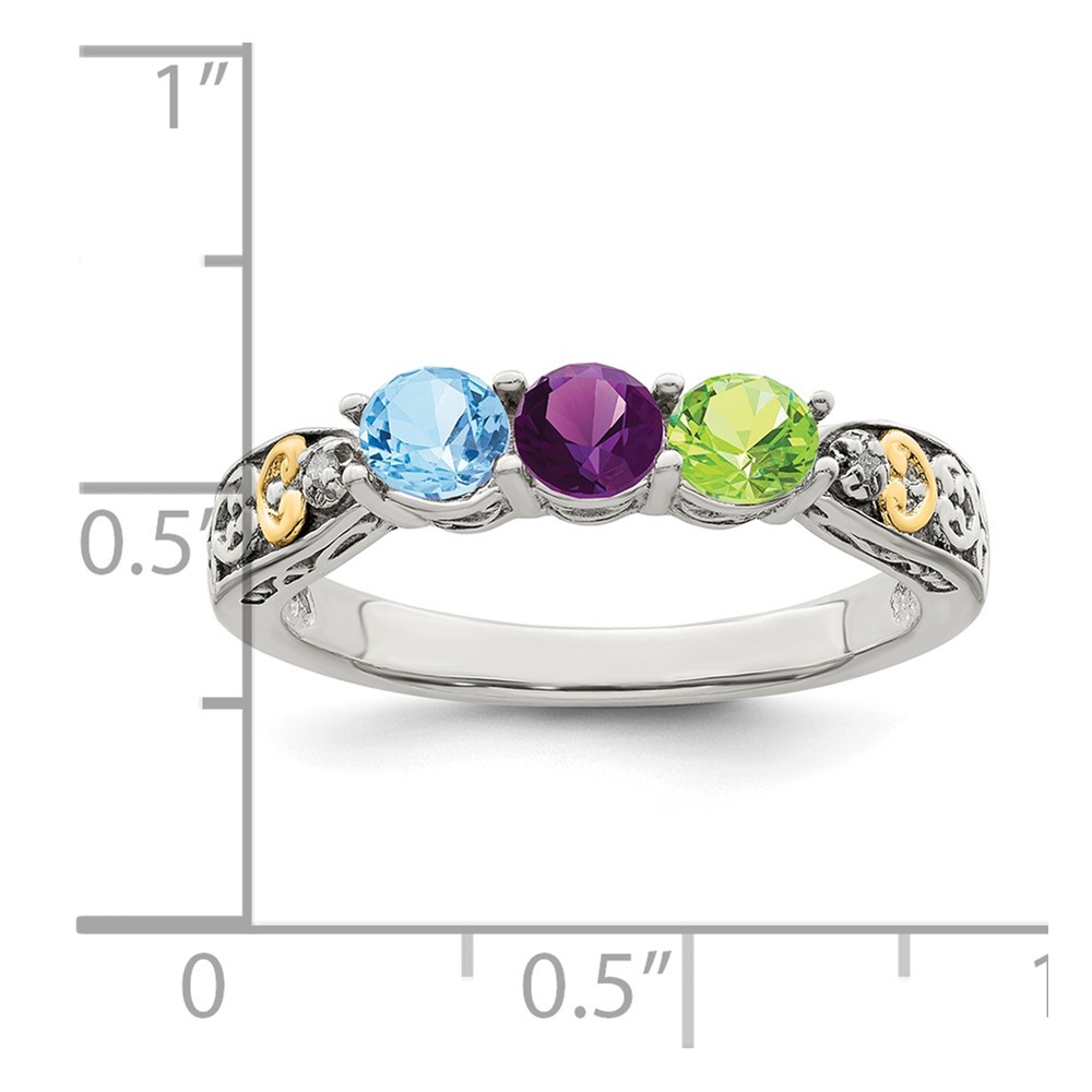 Sterling Silver Antiqued w/14k 3-stone w/Diamond Mother's Ring Semi-Mount (QMR23/3-9)