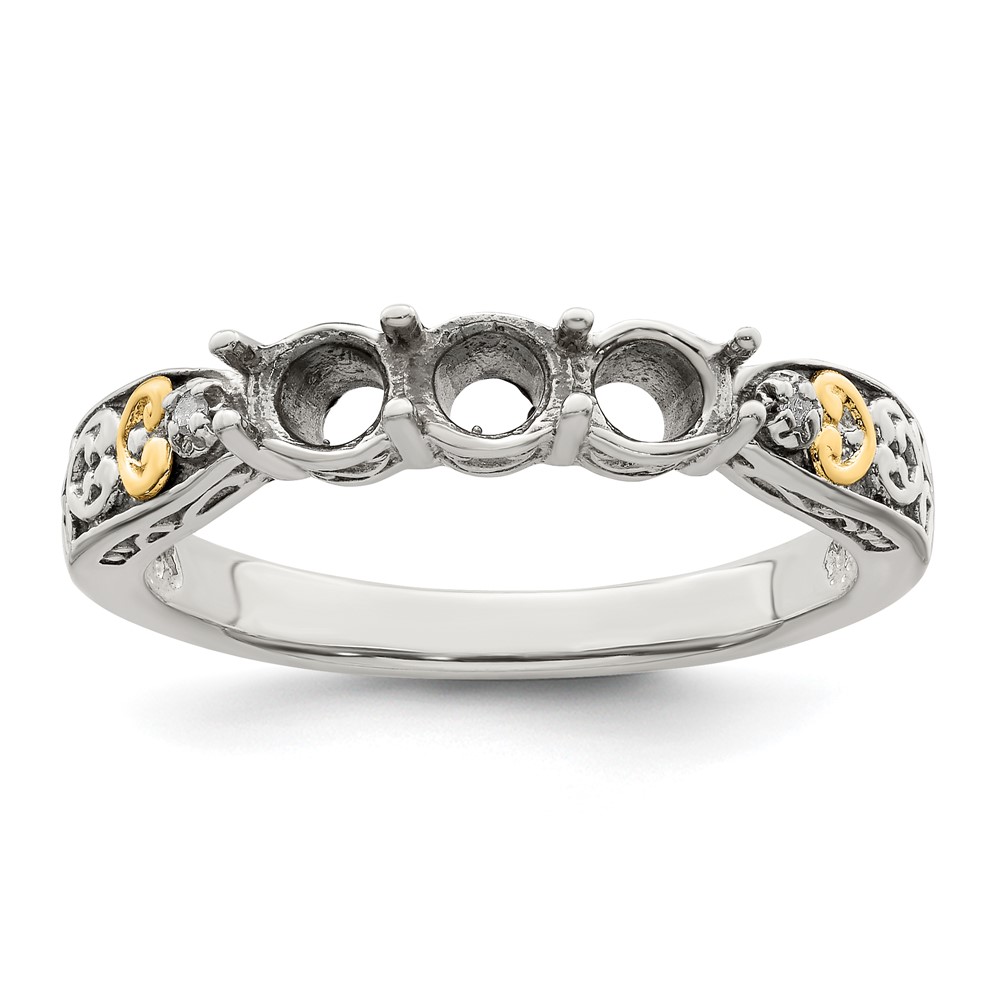 Sterling Silver Antiqued w/14k 3-stone w/Diamond Mother's Ring Semi-Mount (QMR23/3-9)