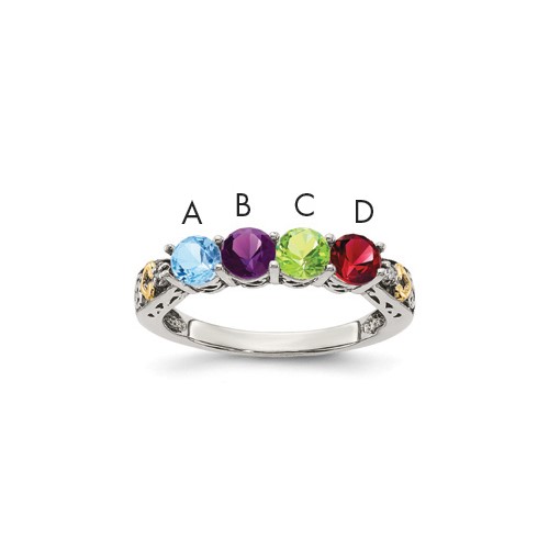 Sterling Silver Antiqued Ring with 14K 4-stone with Diamond Mother's