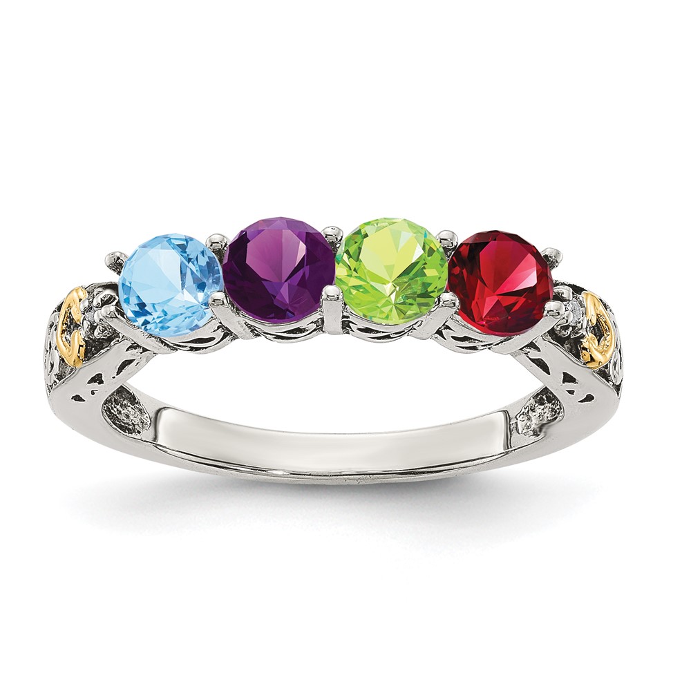 Sterling Silver Antiqued w/14k 4-stone w/Diamond Mother's Ring Semi-Mount (QMR23/4-9)