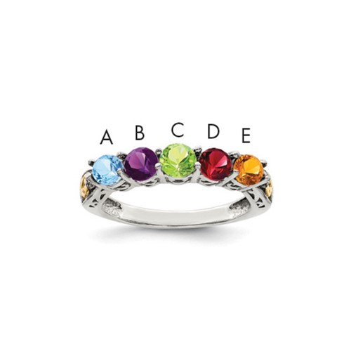 Sterling Silver Antiqued Ring with 14K 5-stone with Diamond Mother's