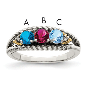 Sterling Silver Antiqued w/14k 3-stone w/Diamond Mother's Ring Semi-Mount (QMR25/3-5)