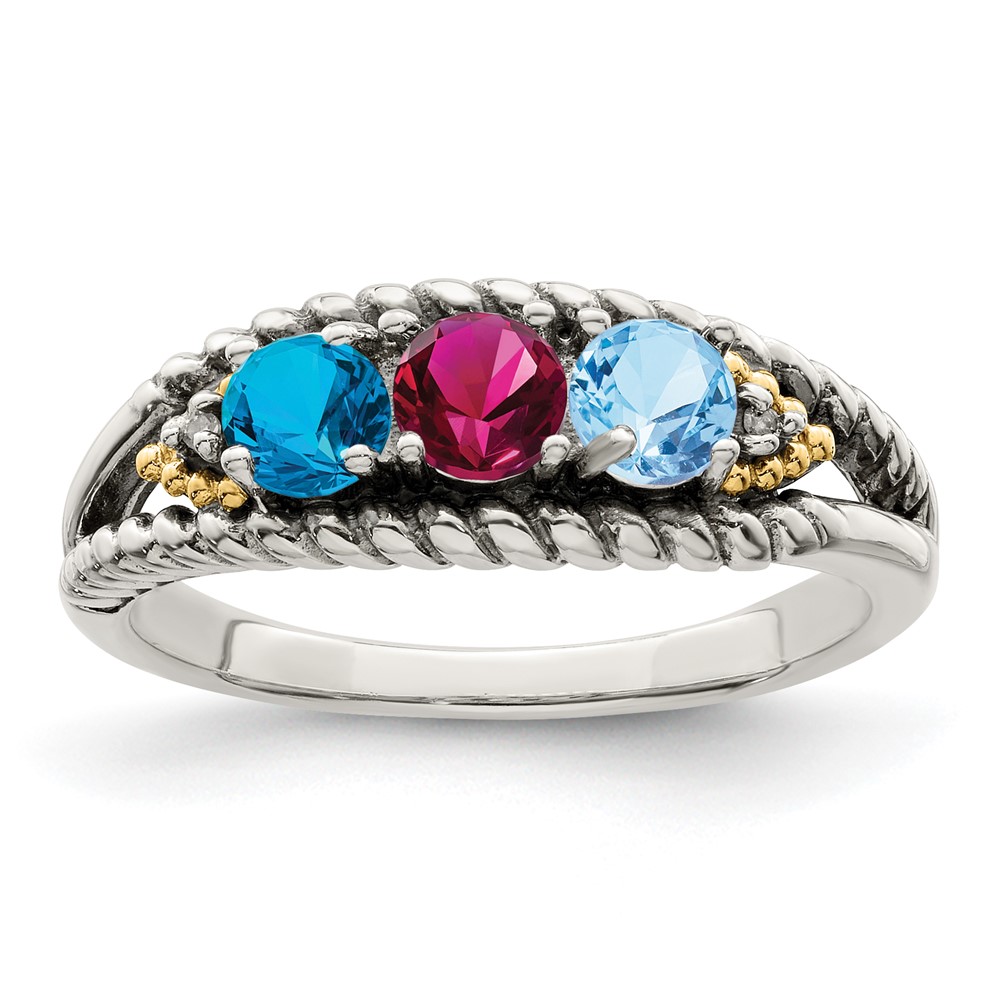 Sterling Silver Antiqued w/14k 3-stone w/Diamond Mother's Ring Semi-Mount (QMR25/3-5)
