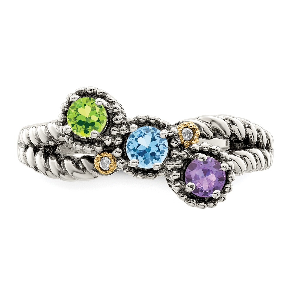 Sterling Silver Antiqued w/14k 3-stone w/Diamond Mother's Ring Semi-Mount (QMR27/3-9)