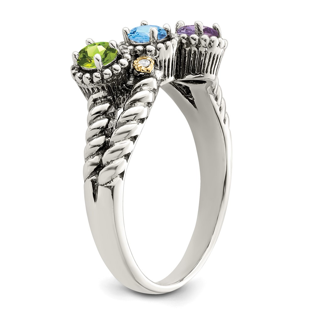Sterling Silver Antiqued Ring with 14K 3-stone with Diamond Mother's
