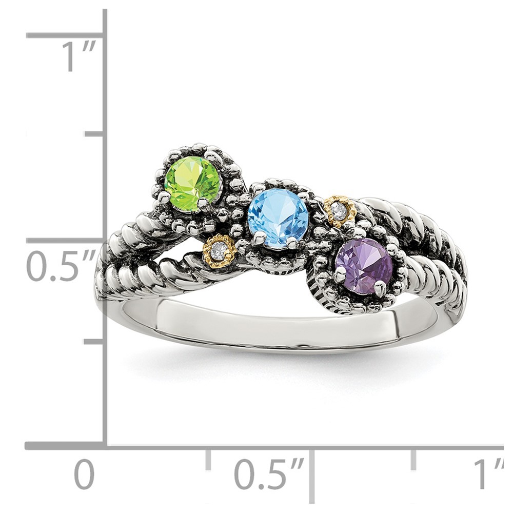 Sterling Silver Antiqued w/14k 3-stone w/Diamond Mother's Ring Semi-Mount (QMR27/3-9)