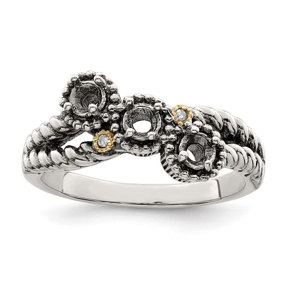 Sterling Silver Antiqued w/14k 3-stone w/Diamond Mother's Ring Semi-Mount (QMR27/3-9)