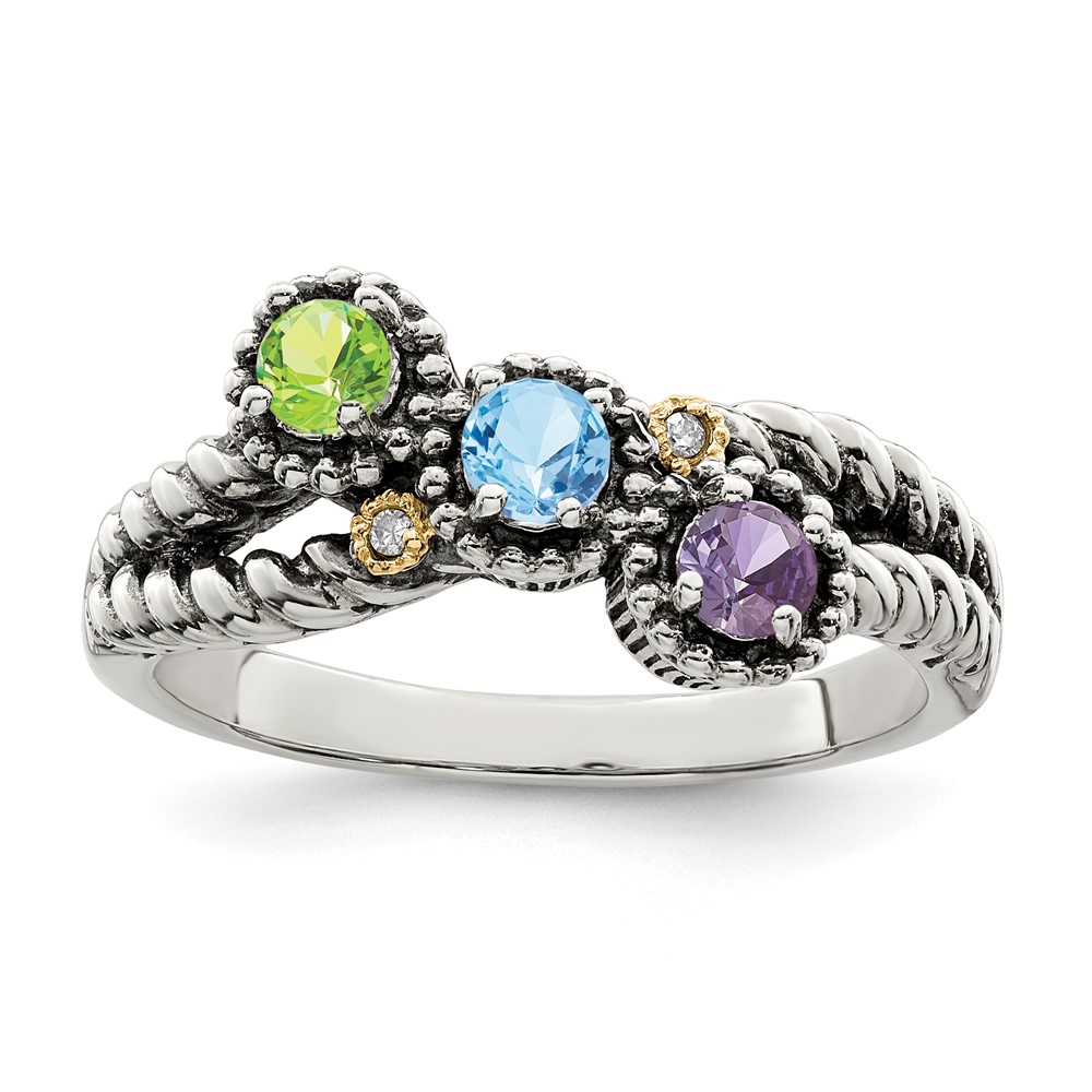 Sterling Silver Antiqued w/14k 3-stone w/Diamond Mother's Ring Semi-Mount (QMR27/3-9)