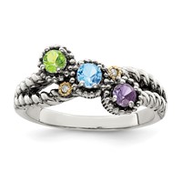 Sterling Silver Antiqued Ring with 14K 3-stone with Diamond Mother's view 2