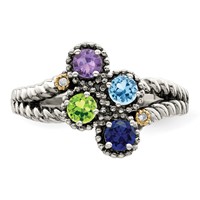 Sterling Silver Antiqued Ring with 14K 4-stone with Diamond Mother's view 5