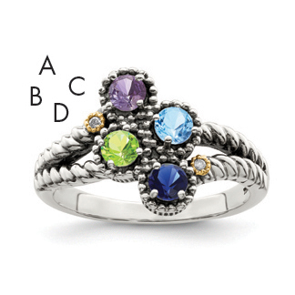 Sterling Silver Antiqued w/14k 4-stone w/Diamond Mother's Ring Semi-Mount (QMR27/4-10)