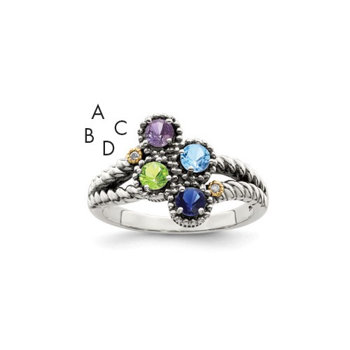 Sterling Silver Antiqued Ring with 14K 4-stone with Diamond Mother's