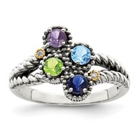 Sterling Silver Antiqued Ring with 14K 4-stone with Diamond Mother's view 2