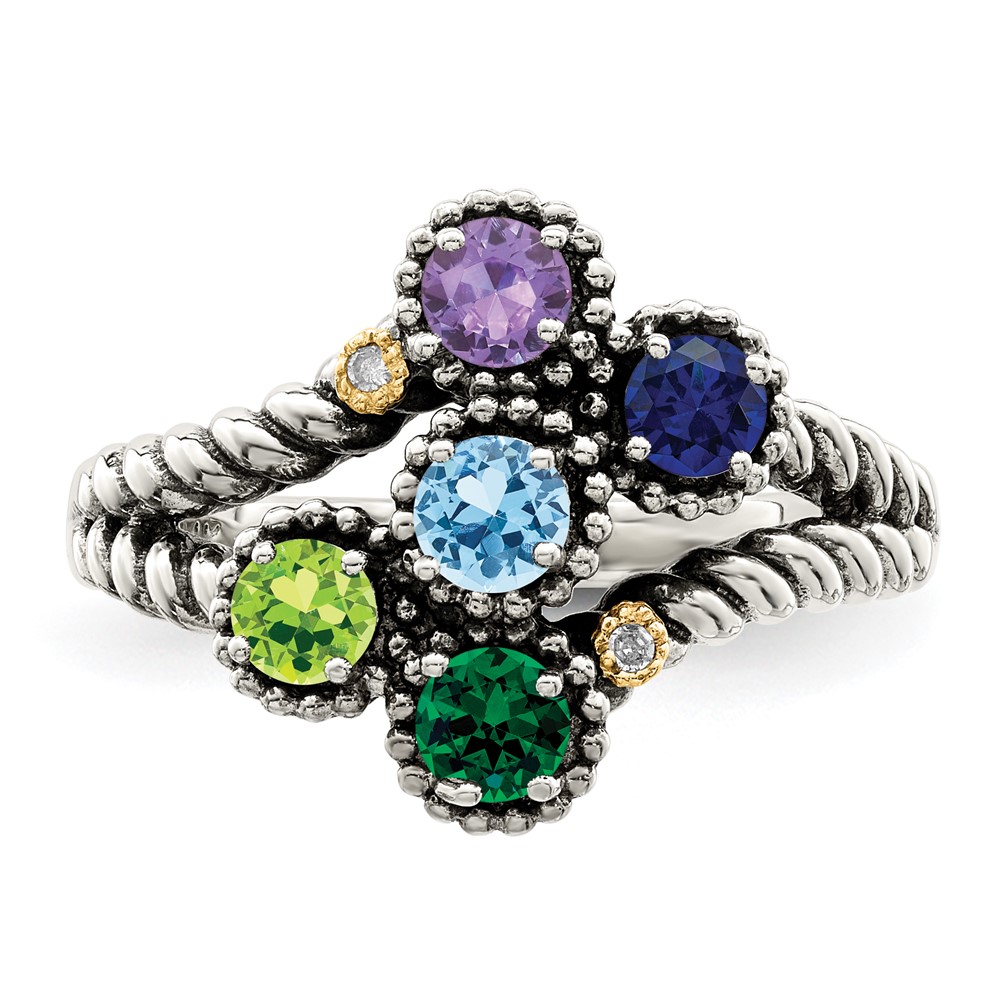 Sterling Silver Antiqued w/14k 5-stone w/Diamond Mother's Ring Semi-Mount (QMR27/5-10)