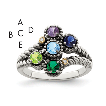 Sterling Silver Antiqued w/14k 5-stone w/Diamond Mother's Ring Semi-Mount (QMR27/5-10)