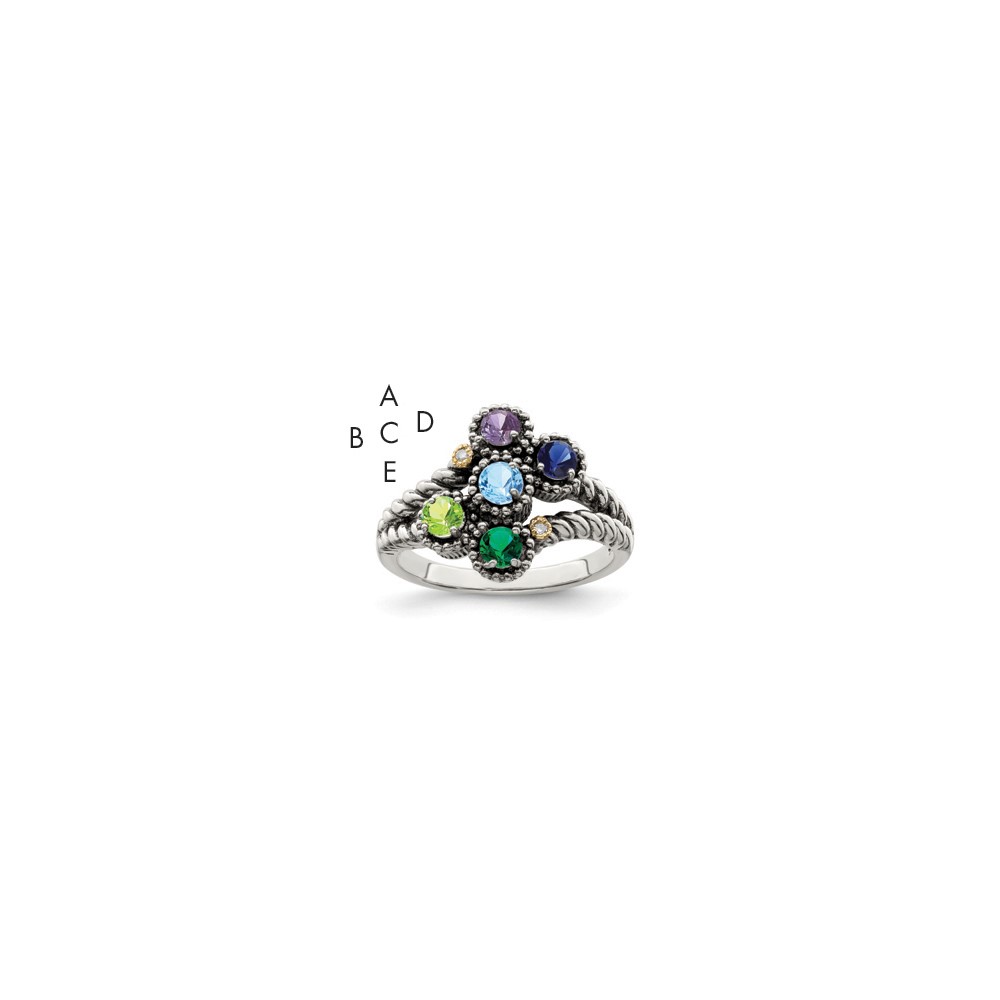 Sterling Silver Antiqued w/14k 5-stone w/Diamond Mother's Ring Semi-Mount (QMR27/5-10)