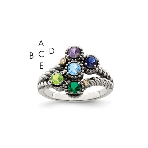 Sterling Silver Antiqued Ring with 14K 5-stone with Diamond Mother's