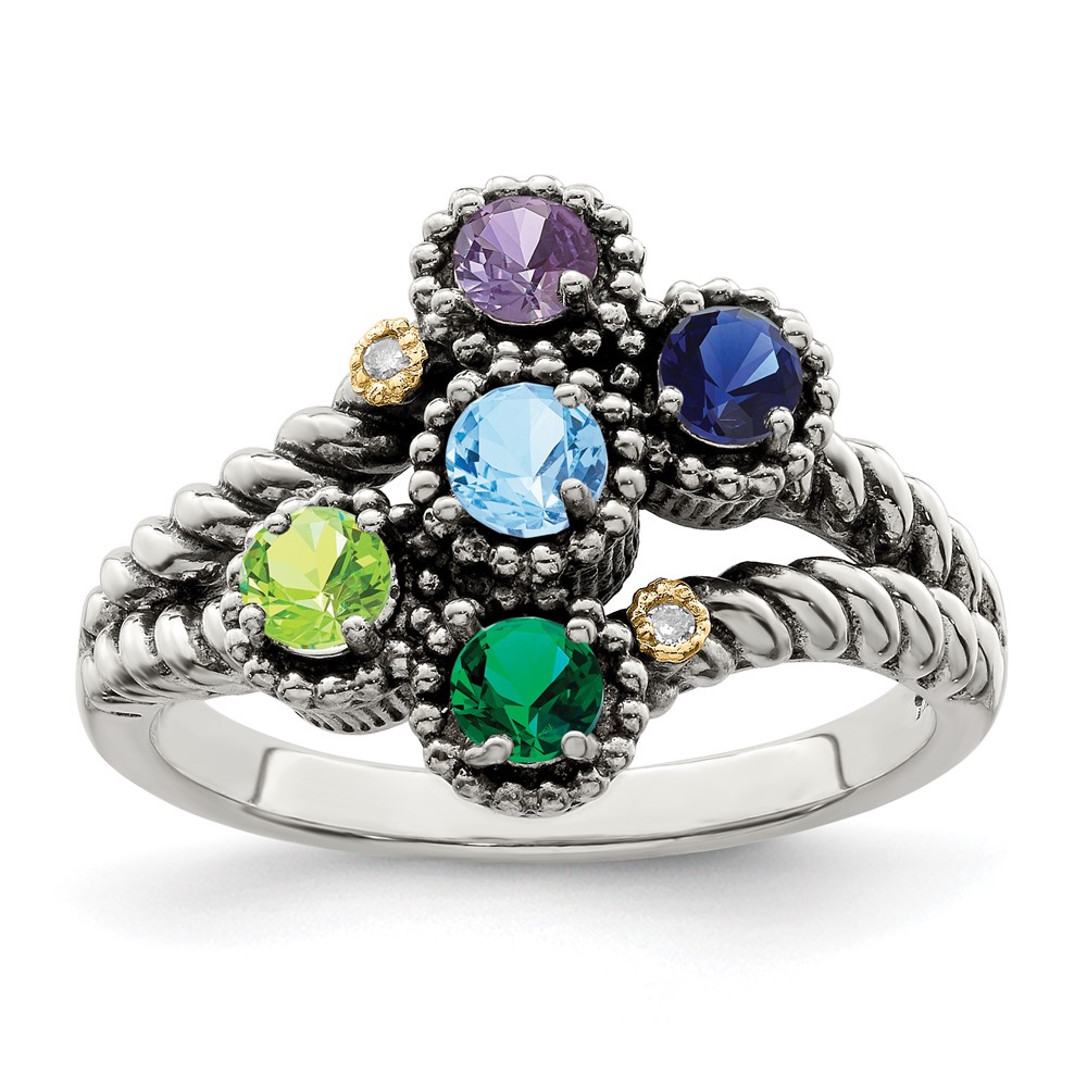 Sterling Silver Antiqued w/14k 5-stone w/Diamond Mother's Ring Semi-Mount (QMR27/5-10)