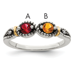 Sterling Silver Antiqued w/14k 2-stone w/Diamond Mother's Ring Semi-Mount (QMR28/2-10)