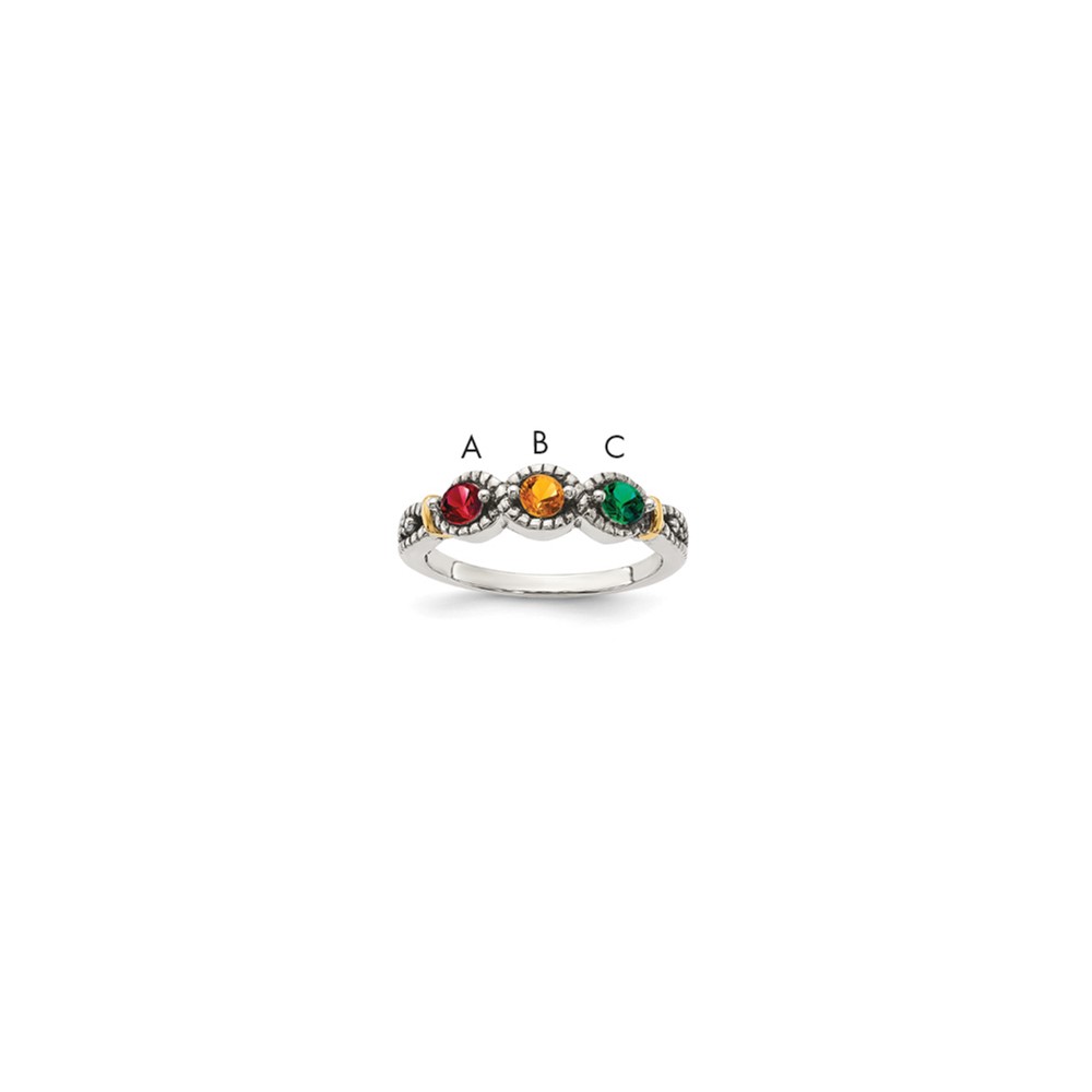 Sterling Silver Antiqued Ring with 14K 3-stone with Diamond Mother's