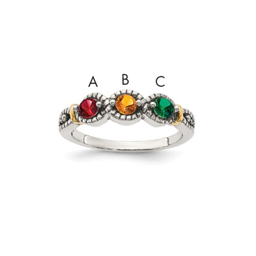 Sterling Silver Antiqued Ring with 14K 3-stone with Diamond Mother's