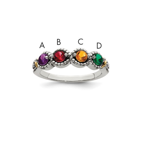 Sterling Silver Antiqued Ring with 14K 4-stone with Diamond Mother's