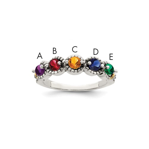 Sterling Silver Antiqued Ring with 14K 5-stone with Diamond Mother's