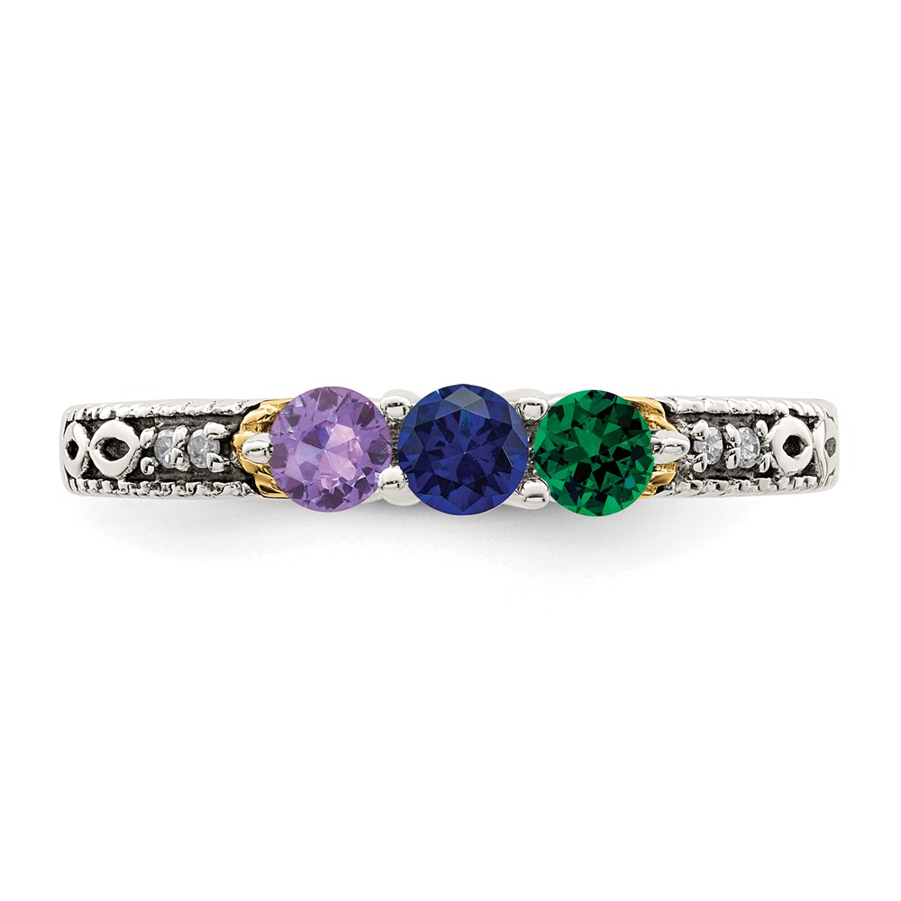 Sterling Silver Antiqued w/14k 3-stone w/Diamond Mother's Ring Semi-Mount (QMR33/3-7)