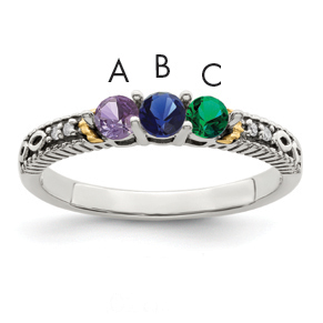 Sterling Silver Antiqued w/14k 3-stone w/Diamond Mother's Ring Semi-Mount (QMR33/3-7)