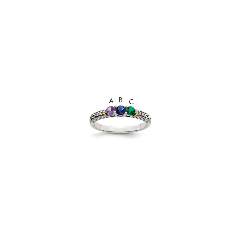 Sterling Silver Antiqued w/14k 3-stone w/Diamond Mother's Ring Semi-Mount (QMR33/3-7)
