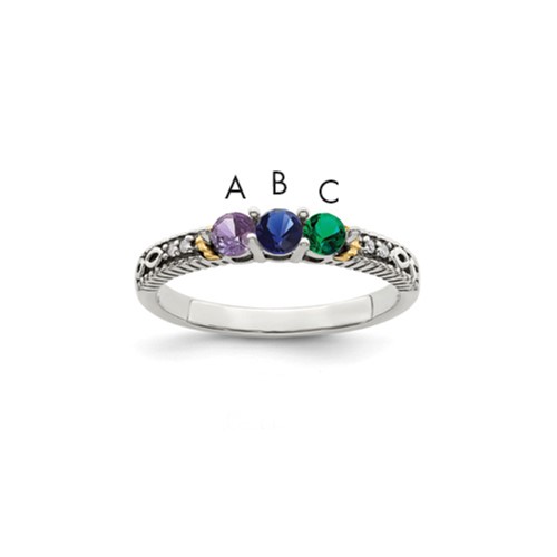 Sterling Silver Antiqued Ring with 14K 3-stone with Diamond Mother's