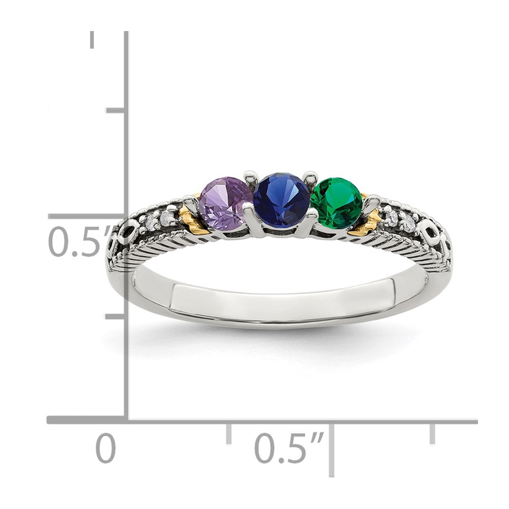 Sterling Silver Antiqued w/14k 3-stone w/Diamond Mother's Ring Semi-Mount (QMR33/3-7)