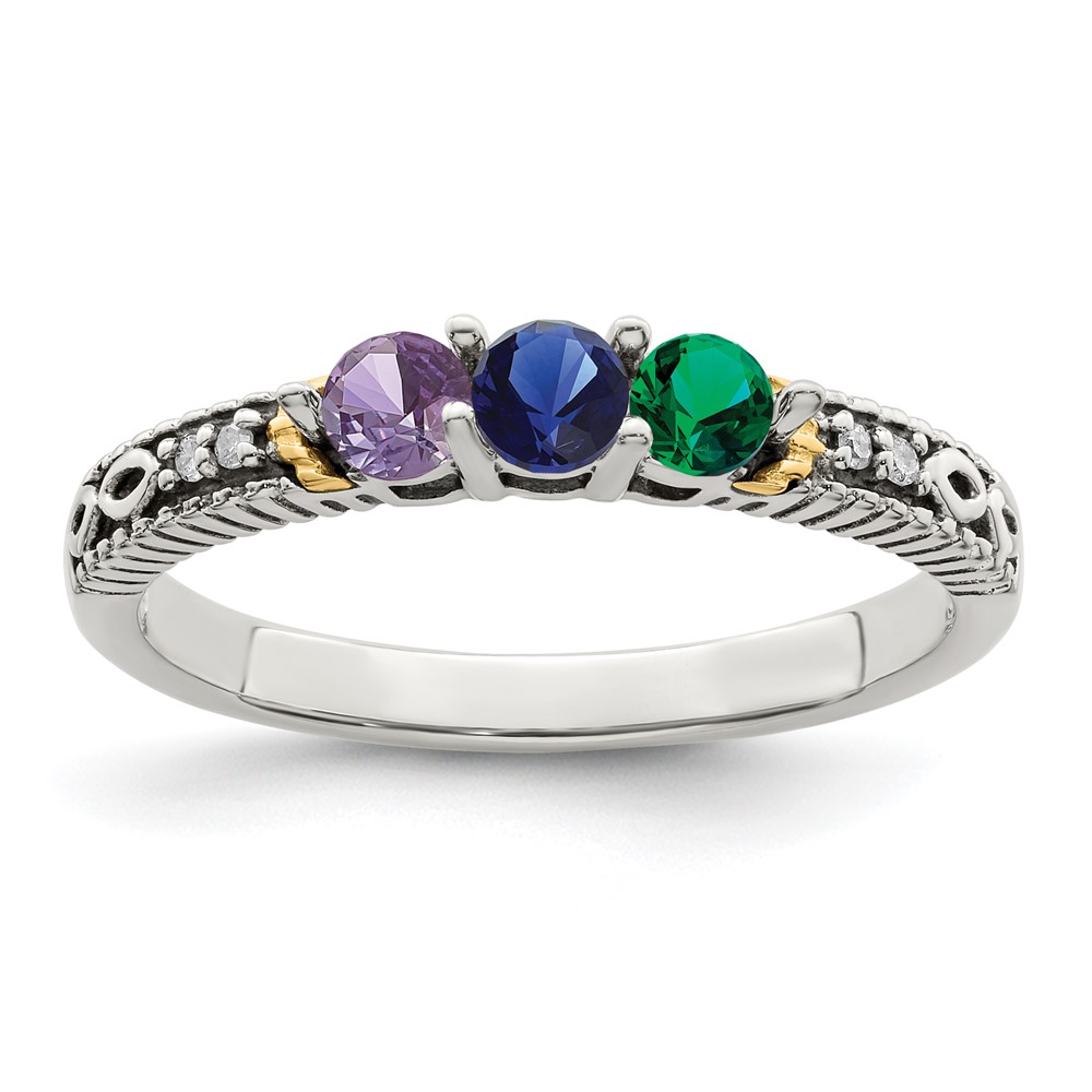 Sterling Silver Antiqued w/14k 3-stone w/Diamond Mother's Ring Semi-Mount (QMR33/3-7)