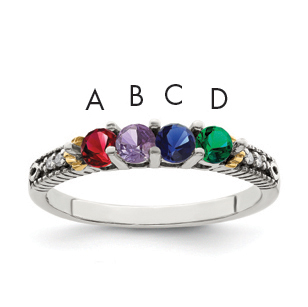 Sterling Silver Antiqued w/14k 4-stone w/Diamond Mother's Ring Semi-Mount (QMR33/4-7)