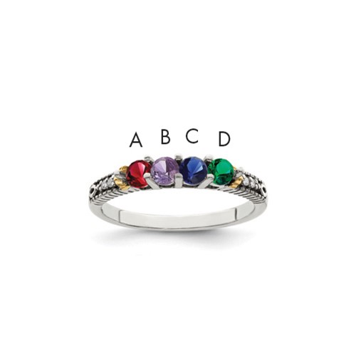 Sterling Silver Antiqued Ring with 14K 4-stone with Diamond Mother's