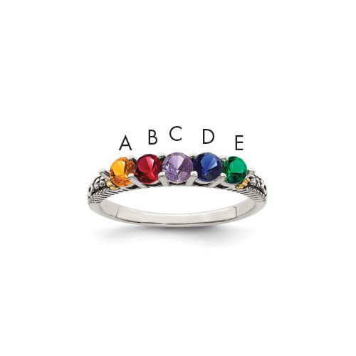 Sterling Silver Antiqued Ring with 14K 5-stone with Diamond Mother's